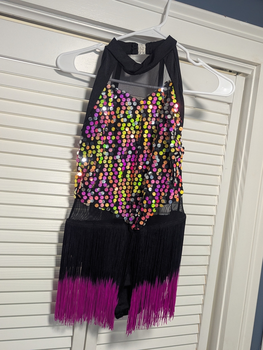 A Wish Come True Jazz Costume Black Sequin Halter with Iridescent Accents, Sz MA